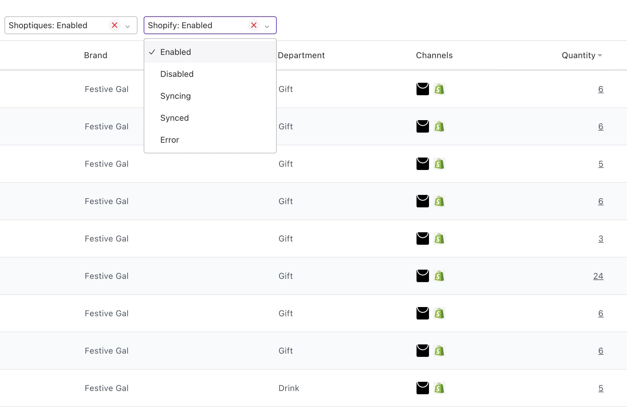 Inventory list filtered by sales channel status